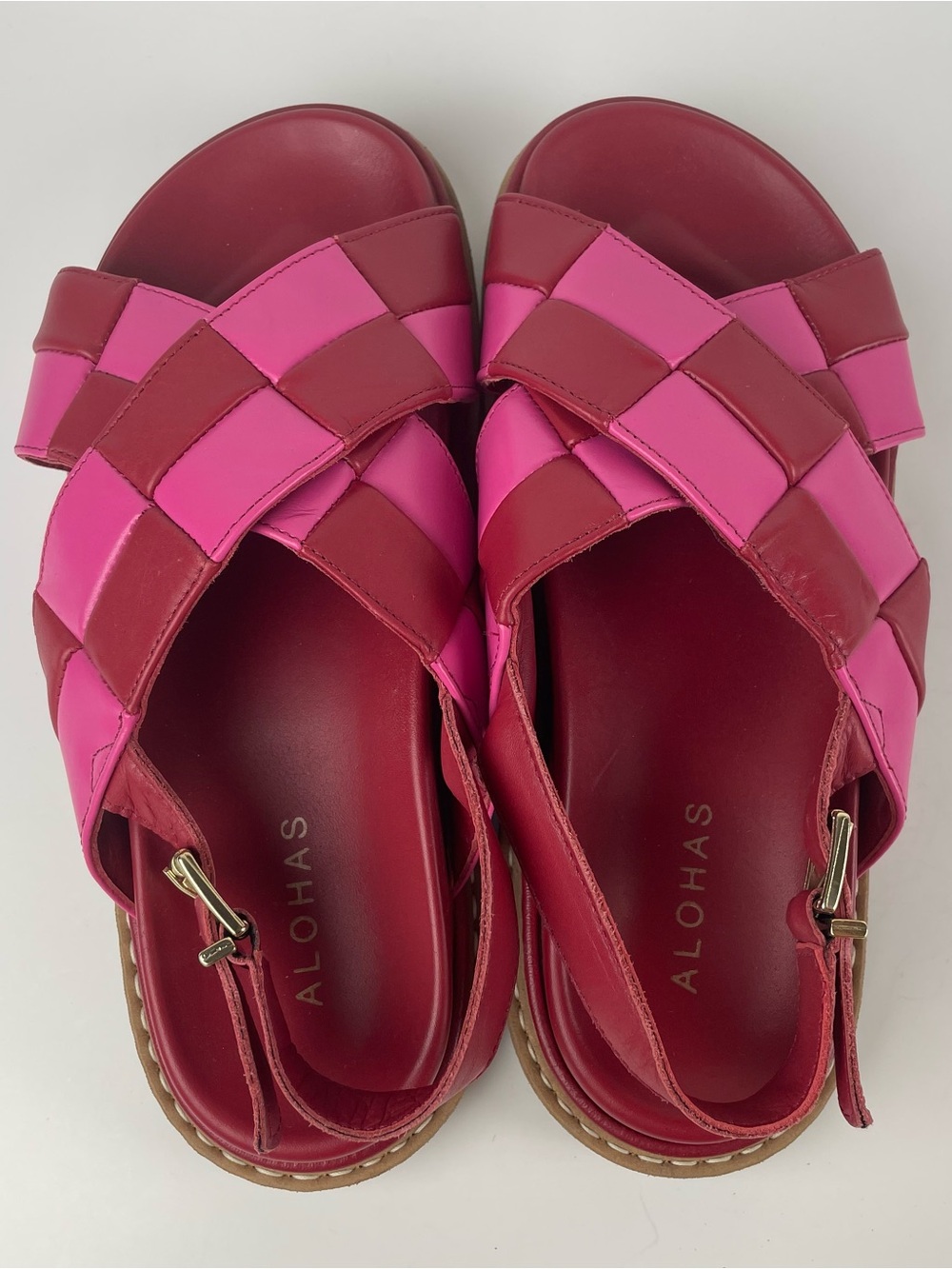 Alohas Marshmallow Woven Leather Sandals — Burgundy & Pink, Size 38 (US 7.5)